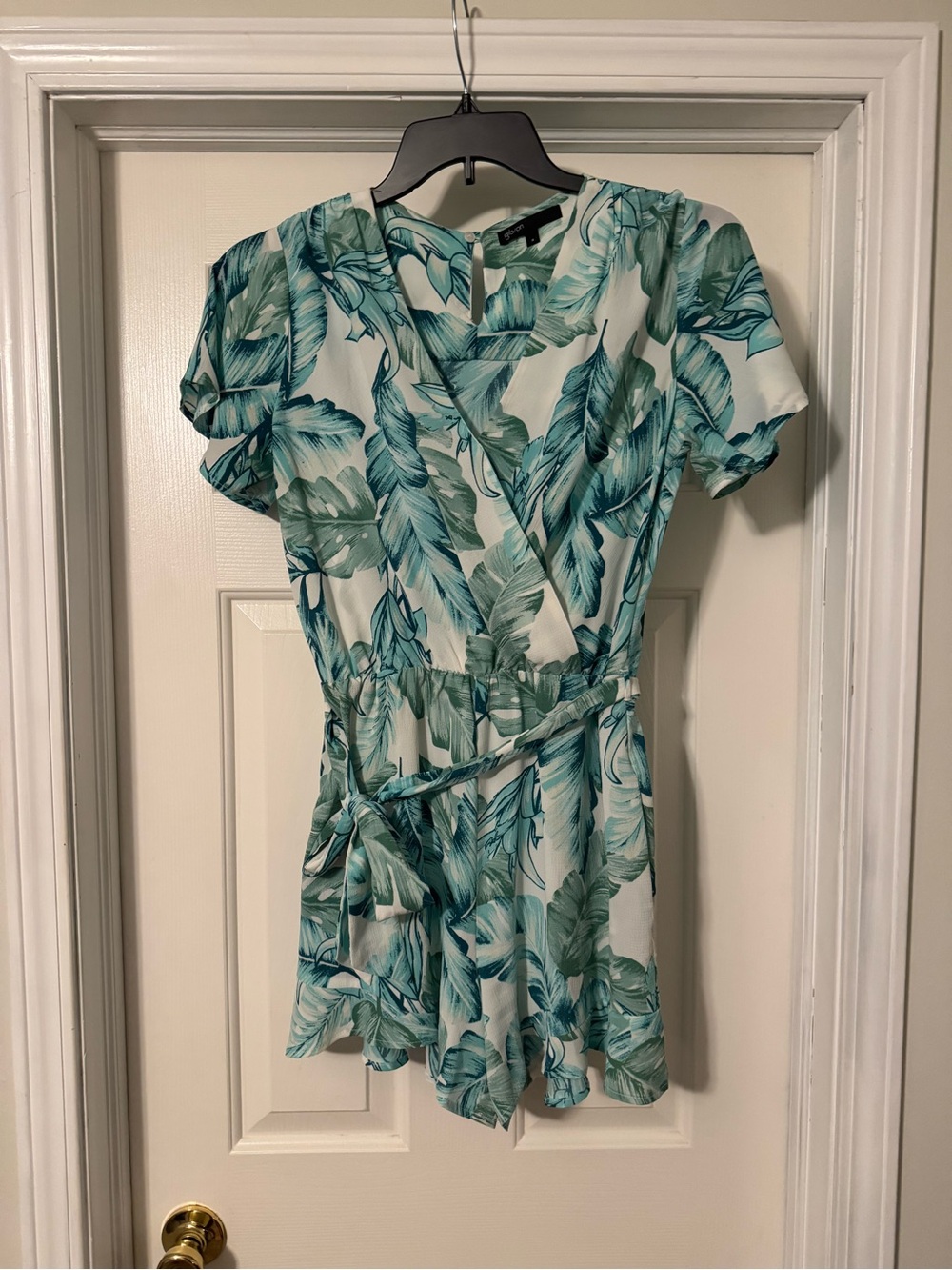 Gibson White Romper with Teal & Seafoam Leaf Print